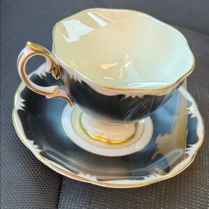 Royal Albert Luxurious Black and Gold Teacup and Saucer Set. Bone China